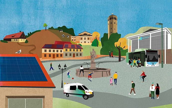 Illustration von Bayreuth mit ZOH, Schlosskirche, Festspielhaus, Lindenhof, Bus und Transporter der Stadtwerke Bayreuth