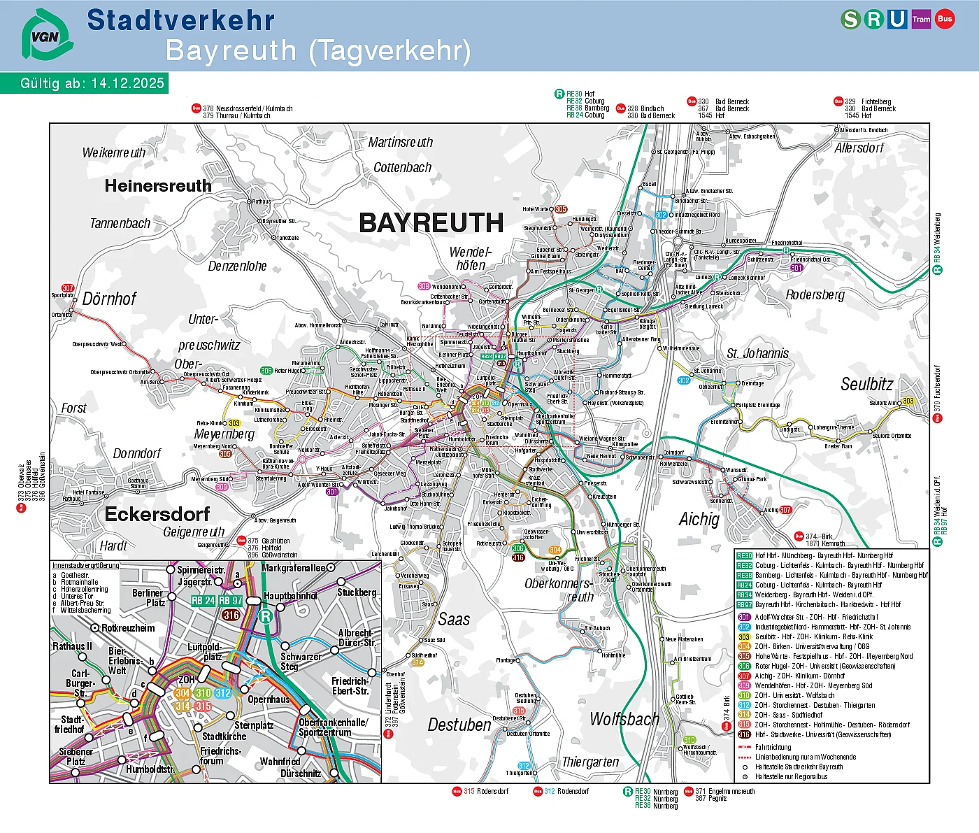 Topografischer Linienplan des Stadtverkehrs Bayreuth für den Tagverkehr